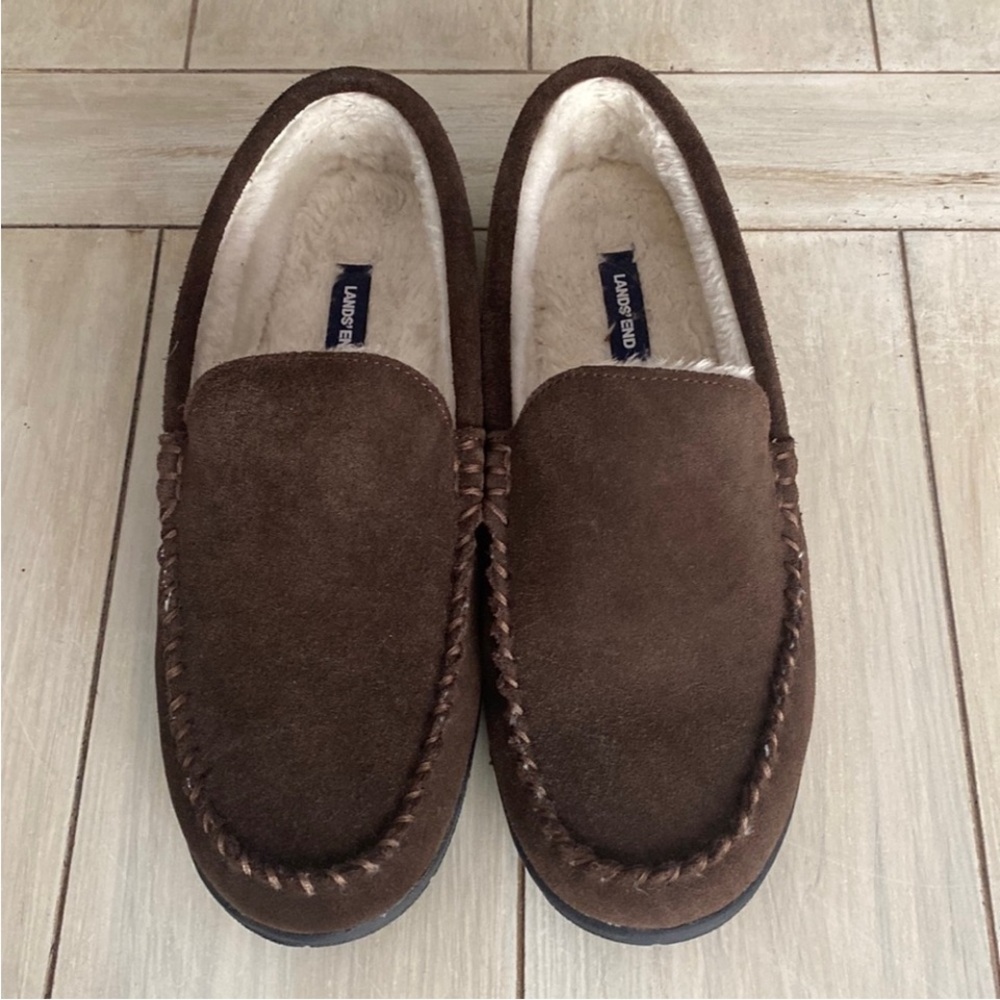 Men’s Lands End Brown Suede Shearling Slippers Size 12